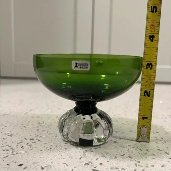 1960s ASEDA SWEDEN Green Glass Sherbet Dessert Footed Dish Mid Century Crystal - Picture 8 of 8